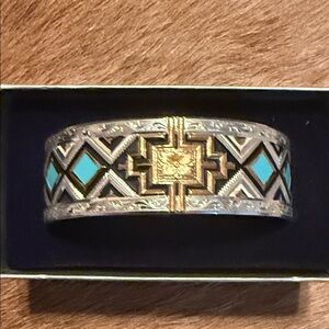 Turquoise silver and Gold Inlay Statement Cuff Bracelet - Women Jewelry